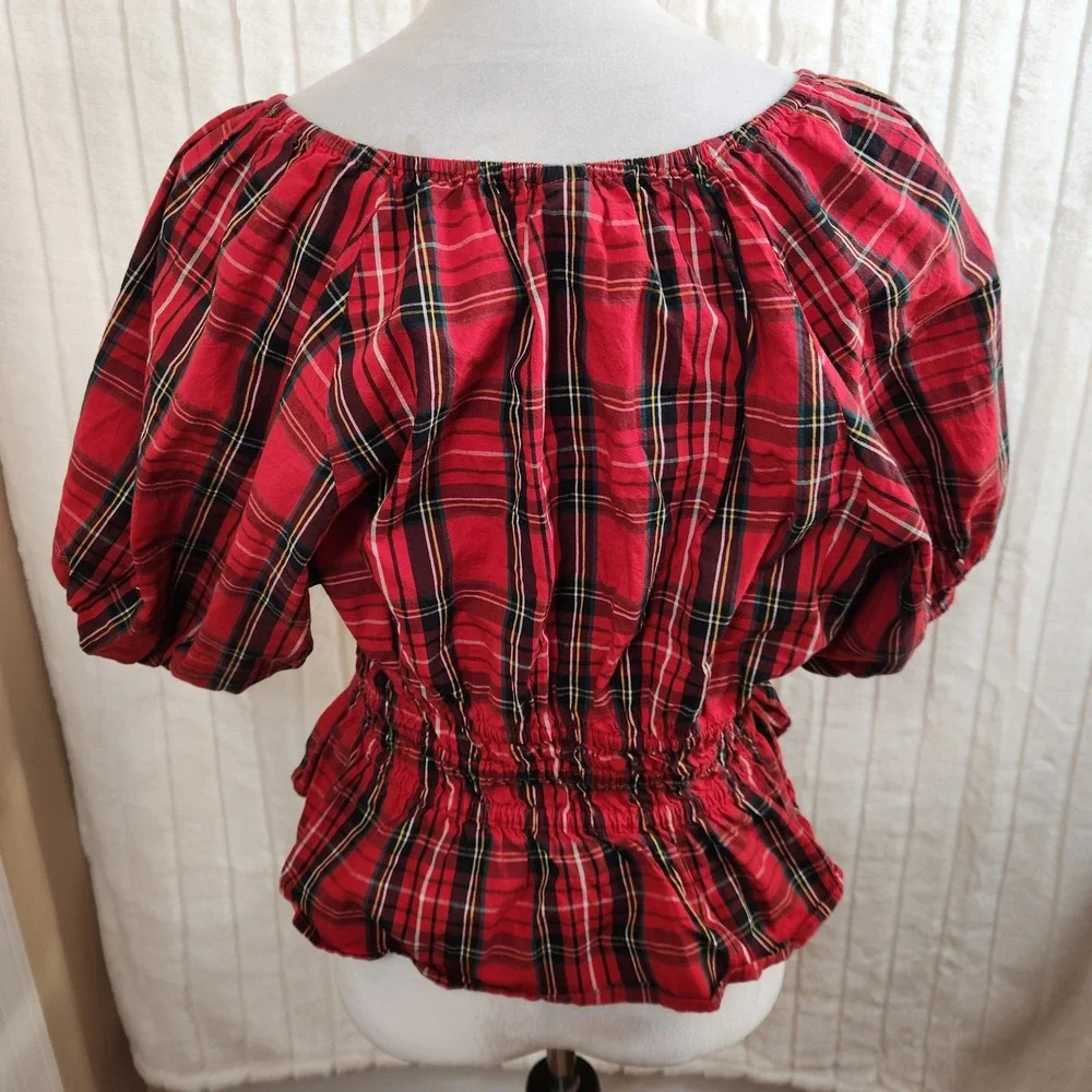 Old Navy Top Red Plaid Tartan Smocked Puff Sleeve Peplum  Preppy Academia Size M